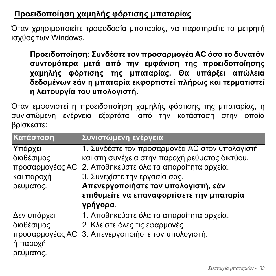 Προειδοποίηση χαμηλής φόρτισης μπαταρίας, Προειδοποίηση χαµηλής φόρτισης µπαταρίας | Acer Aspire V5-571PG User Manual | Page 2885 / 3604