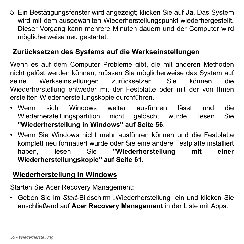 Wiederherstellung in windows, Zurücksetzen des systems auf die, Werkseinstellungen | Acer Aspire V5-571PG User Manual | Page 294 / 3604