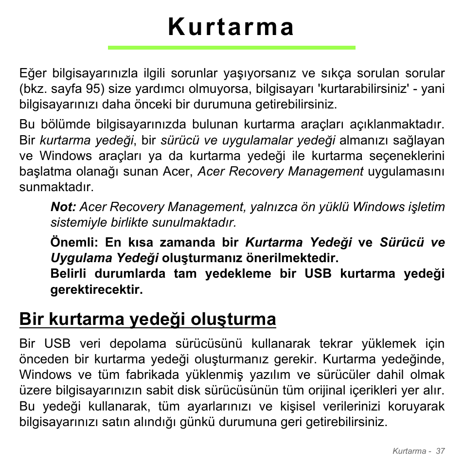 Kurtarma, Bir kurtarma yedeği oluşturma | Acer Aspire V5-571PG User Manual | Page 2977 / 3604