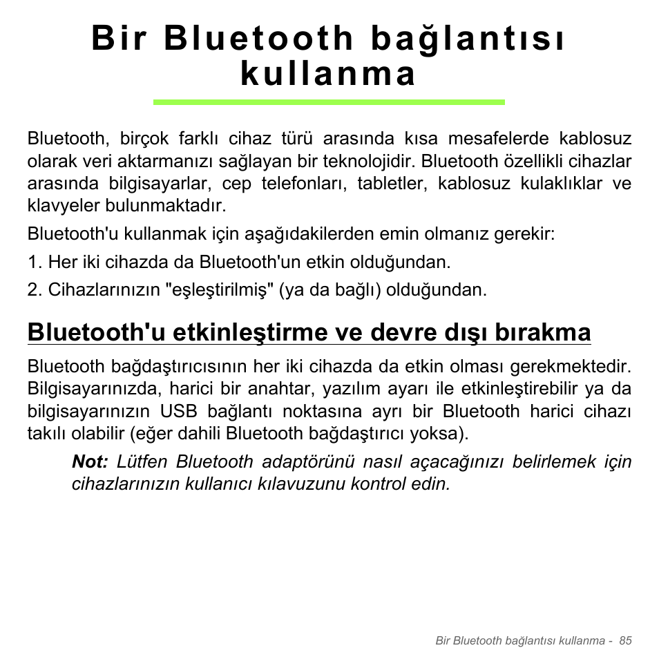 Bir bluetooth bağlantısı kullanma, Bluetooth'u etkinleştirme ve devre dışı bırakma | Acer Aspire V5-571PG User Manual | Page 3025 / 3604