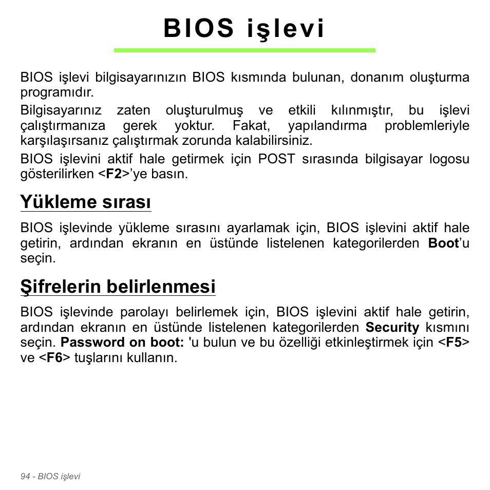 Bios işlevi, Yükleme sırası, Şifrelerin belirlenmesi | Yükleme sırası şifrelerin belirlenmesi | Acer Aspire V5-571PG User Manual | Page 3034 / 3604