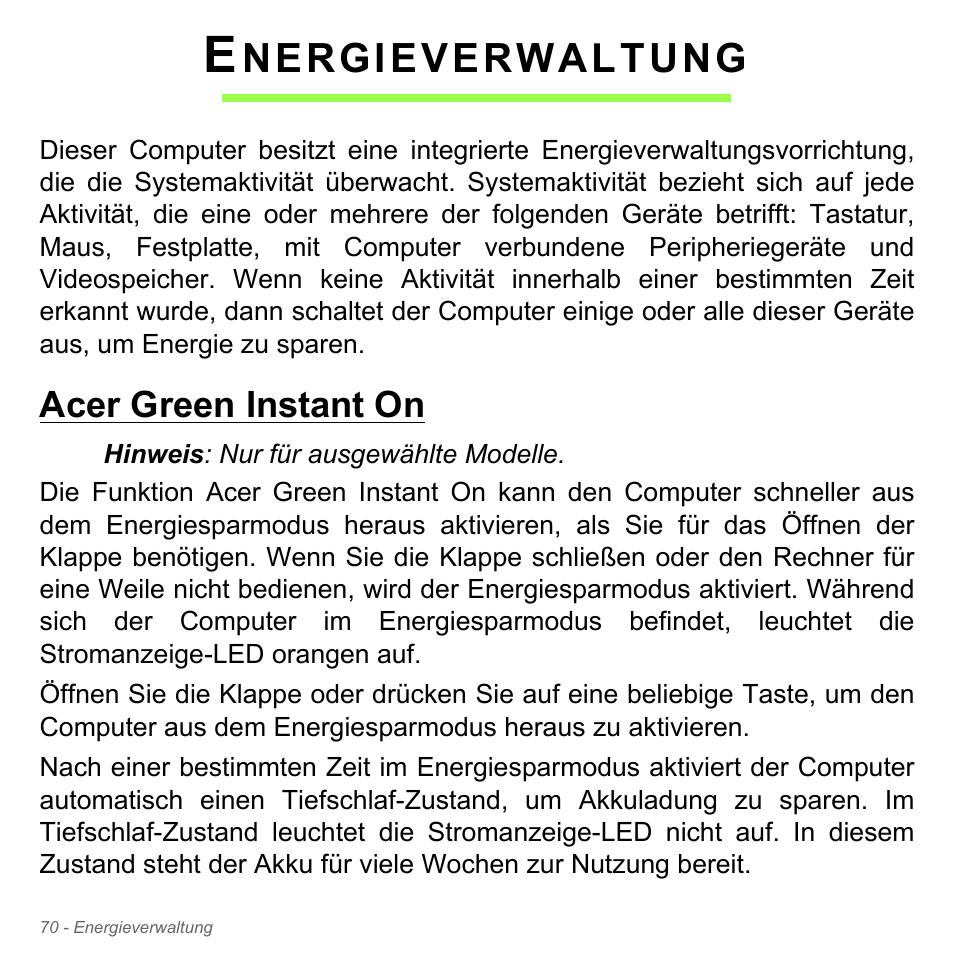 Energieverwaltung, Acer green instant on, Nergieverwaltung | Acer Aspire V5-571PG User Manual | Page 308 / 3604