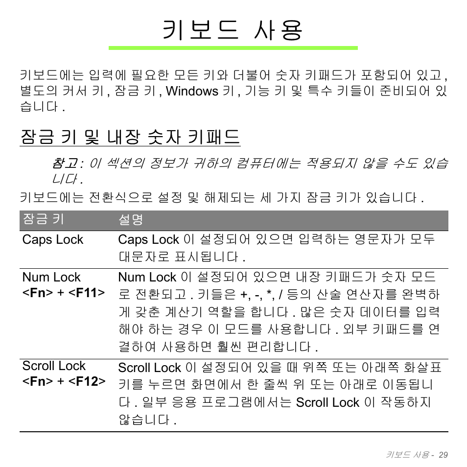 키보드 사용, 잠금 키 및 내장 숫자 키패드, 키 및 내장 숫자 키패드 | 페이지의, 키 보 드 사용 | Acer Aspire V5-571PG User Manual | Page 3085 / 3604