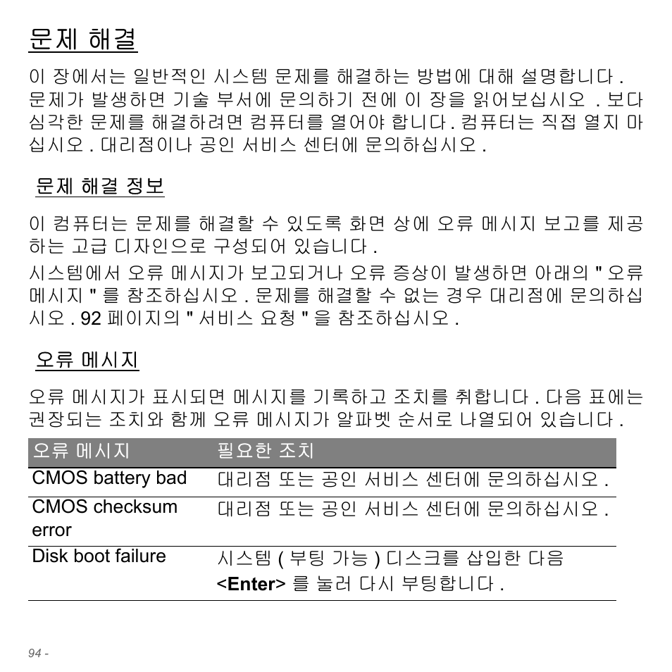 문제 해결, 문제 해결 정보, 오류 메시지 | 해결 정보 | Acer Aspire V5-571PG User Manual | Page 3150 / 3604