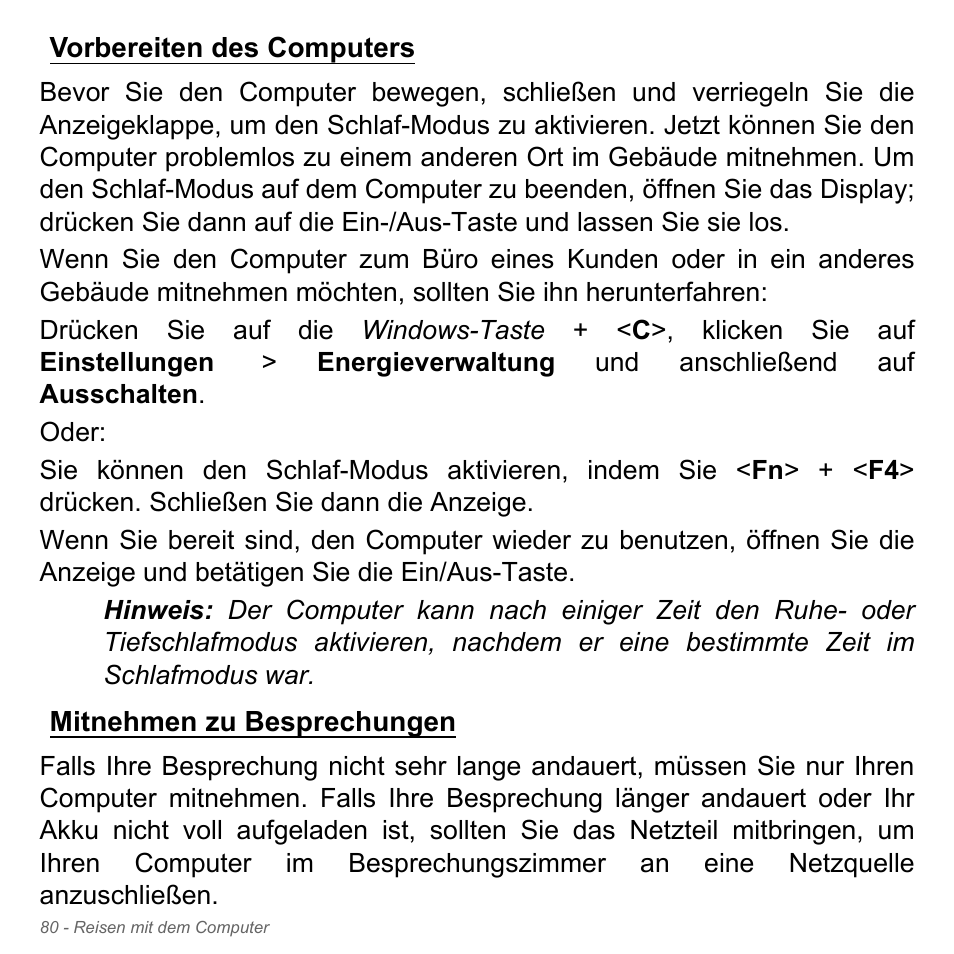 Vorbereiten des computers, Mitnehmen zu besprechungen | Acer Aspire V5-571PG User Manual | Page 318 / 3604