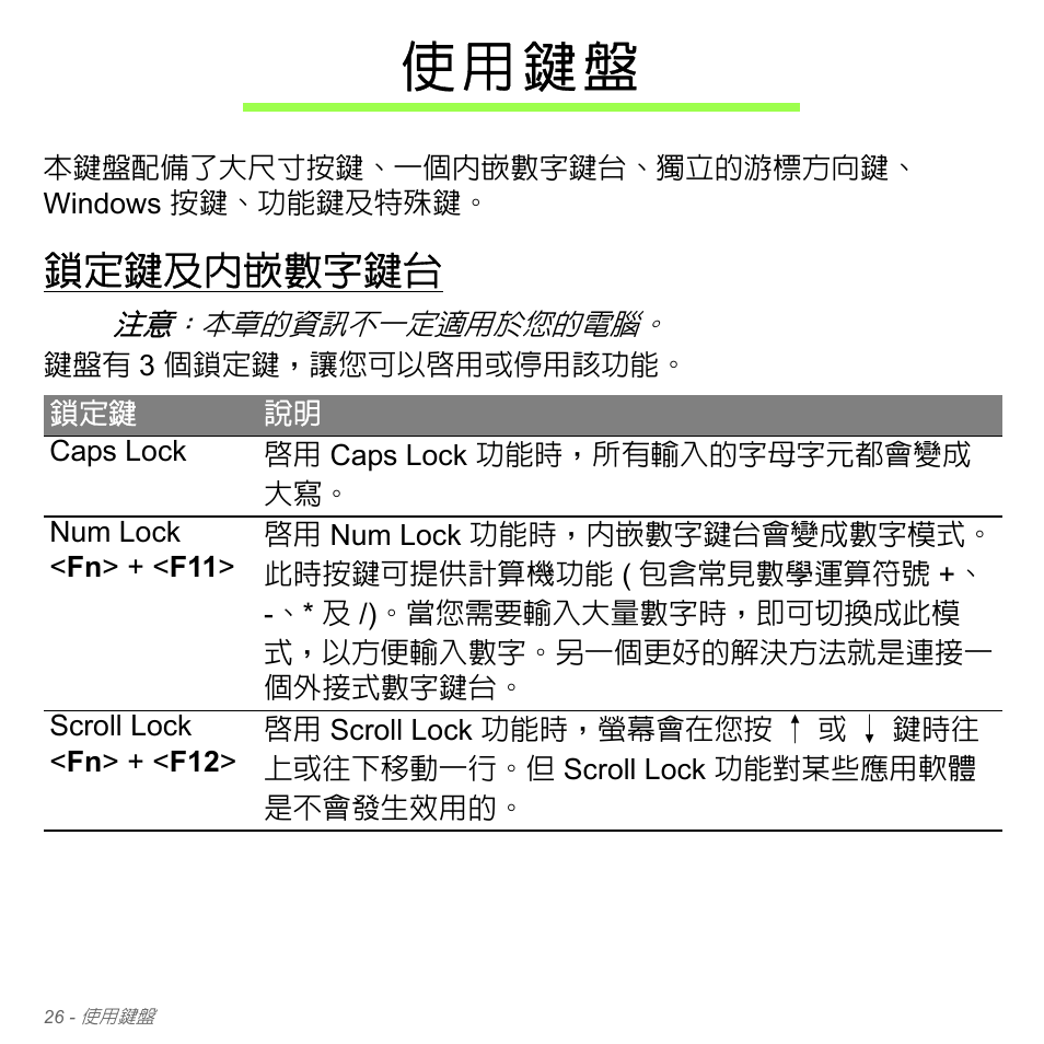 使用鍵盤, 鎖定鍵及內嵌數字鍵台, 頁的 「使用鍵盤 | 使 用 鍵 盤 | Acer Aspire V5-571PG User Manual | Page 3192 / 3604