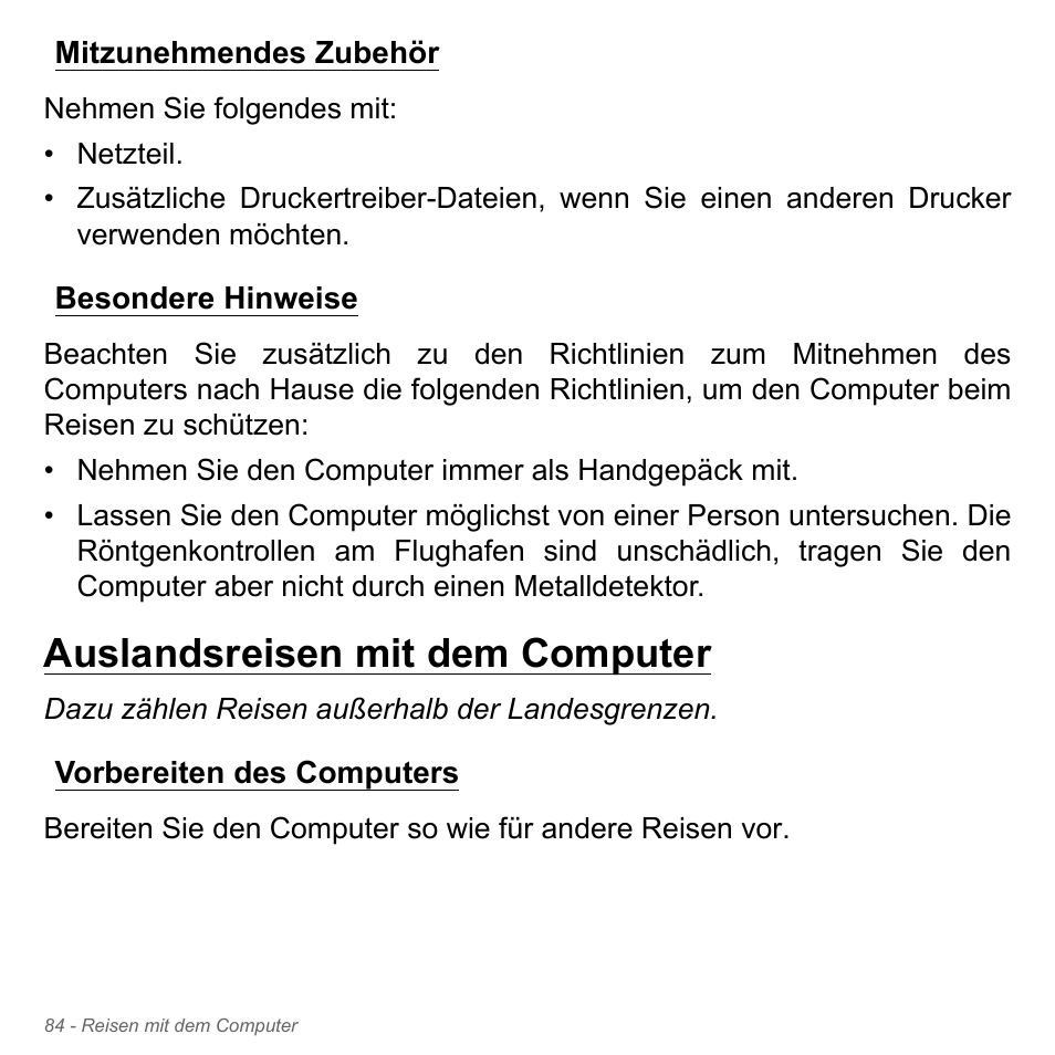 Mitzunehmendes zubehör, Besondere hinweise, Auslandsreisen mit dem computer | Vorbereiten des computers | Acer Aspire V5-571PG User Manual | Page 322 / 3604