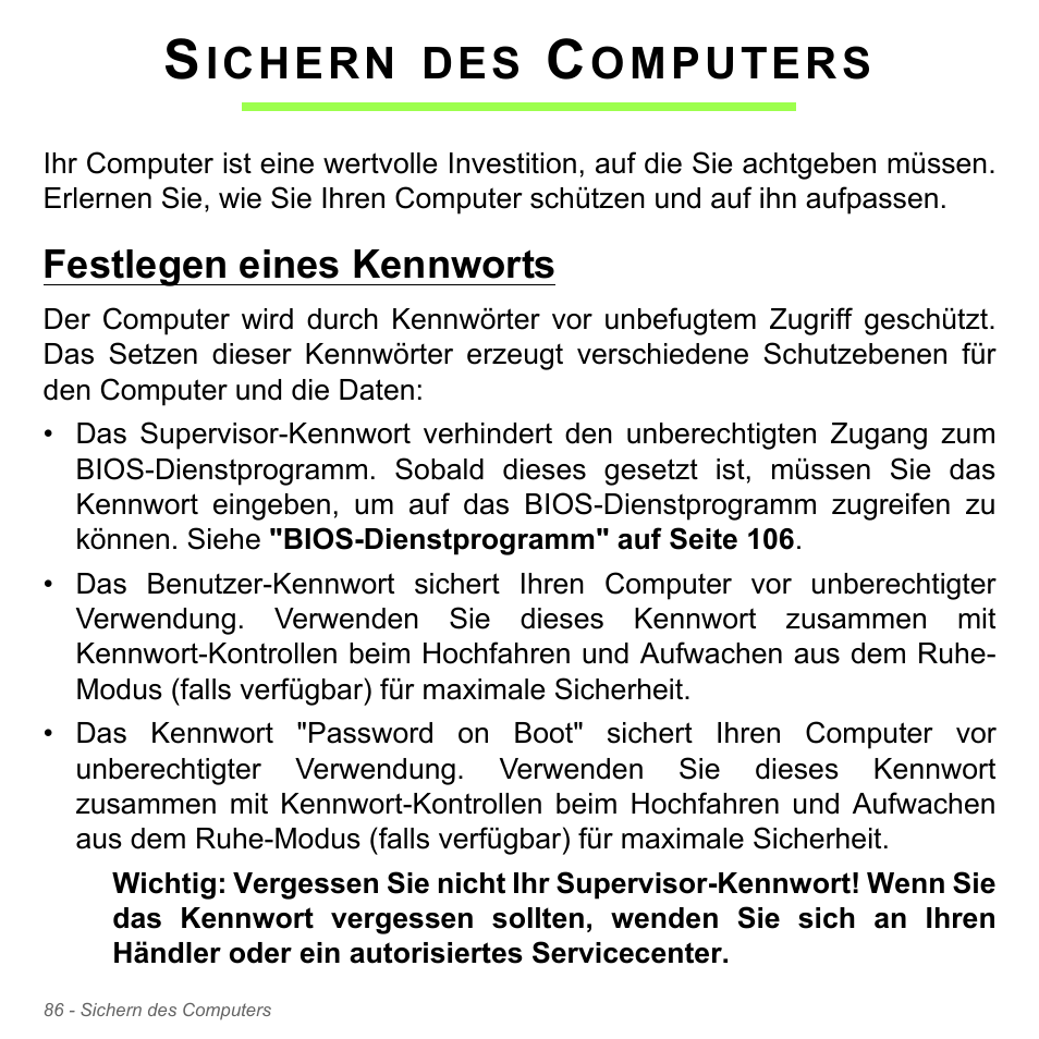 Sichern des computers, Festlegen eines kennworts, Ichern | Omputers | Acer Aspire V5-571PG User Manual | Page 324 / 3604