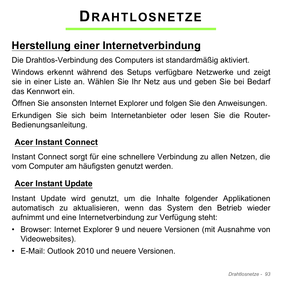 Drahtlosnetze, Herstellung einer internetverbindung, Acer instant connect | Acer instant update, Rahtlosnetze | Acer Aspire V5-571PG User Manual | Page 331 / 3604