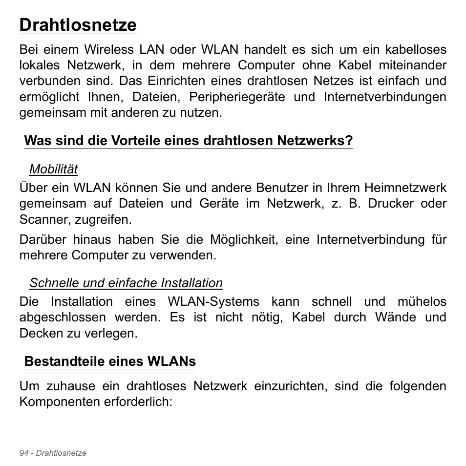 Drahtlosnetze, Was sind die vorteile eines drahtlosen netzwerks, Bestandteile eines wlans | Was sind die vorteile eines drahtlosen, Netzwerks | Acer Aspire V5-571PG User Manual | Page 332 / 3604