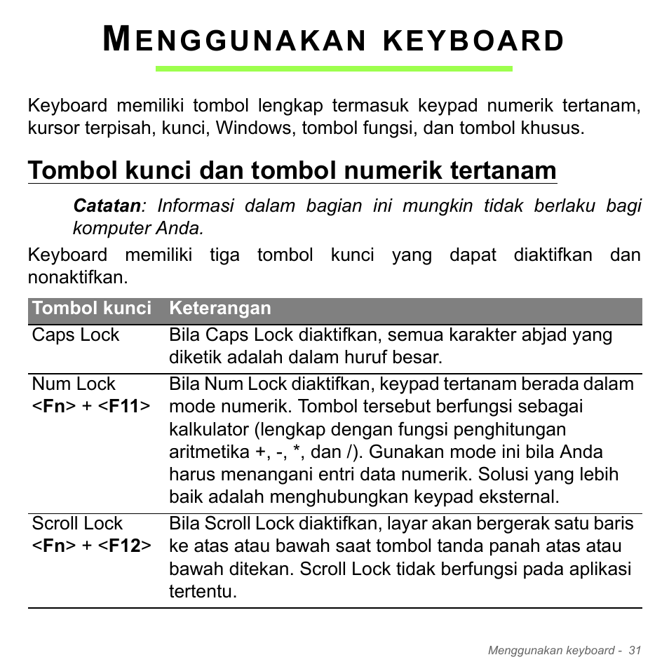 Menggunakan keyboard, Tombol kunci dan tombol numerik tertanam, Enggunakan | Keyboard | Acer Aspire V5-571PG User Manual | Page 3401 / 3604