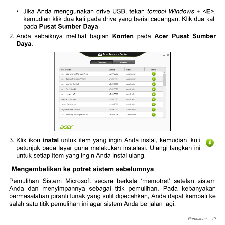 Mengembalikan ke potret sistem sebelumnya, Mengembalikan ke potret sistem, Sebelumnya | Acer Aspire V5-571PG User Manual | Page 3419 / 3604