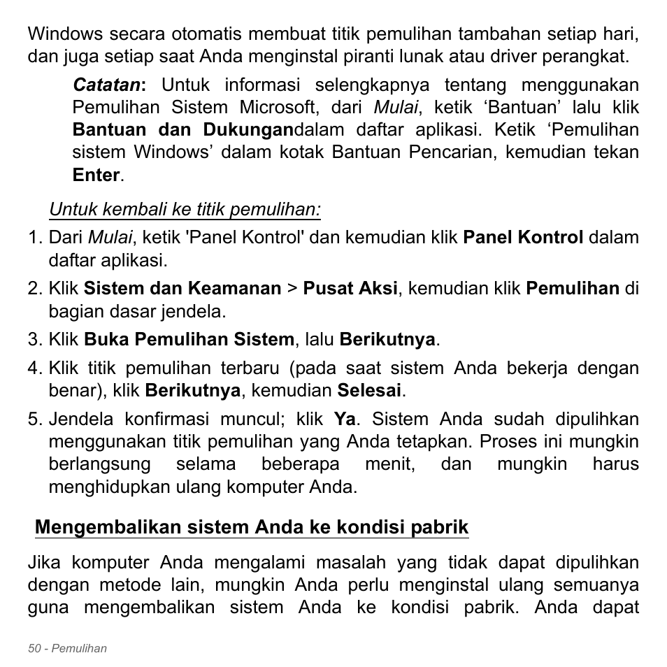 Mengembalikan sistem anda ke kondisi pabrik, Mengembalikan sistem anda ke kondisi, Pabrik | Acer Aspire V5-571PG User Manual | Page 3420 / 3604