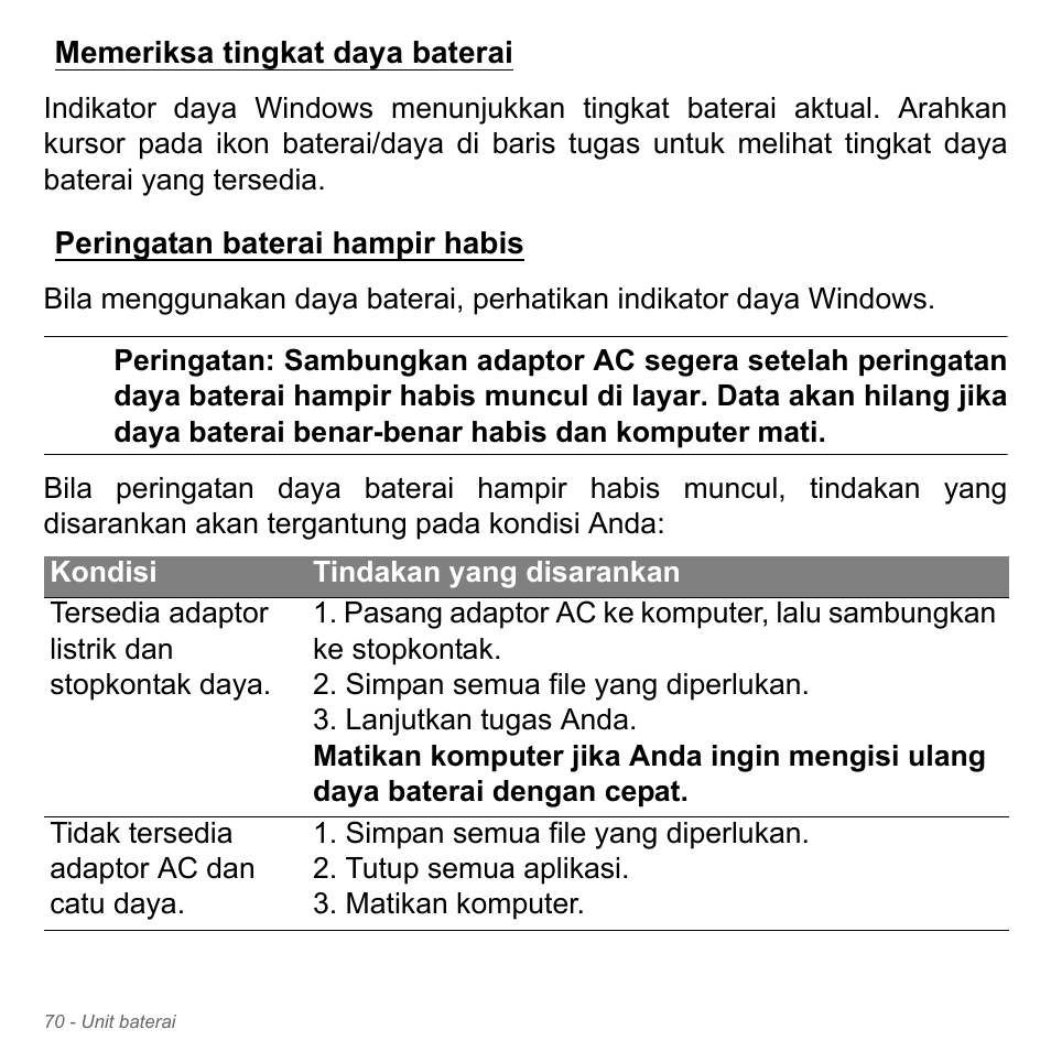 Memeriksa tingkat daya baterai, Peringatan baterai hampir habis | Acer Aspire V5-571PG User Manual | Page 3440 / 3604