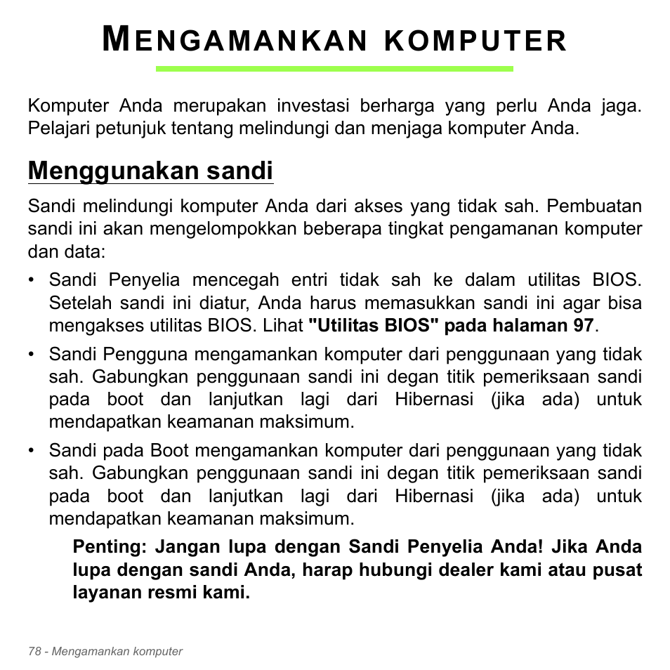 Mengamankan komputer, Menggunakan sandi, Engamankan | Komputer | Acer Aspire V5-571PG User Manual | Page 3448 / 3604