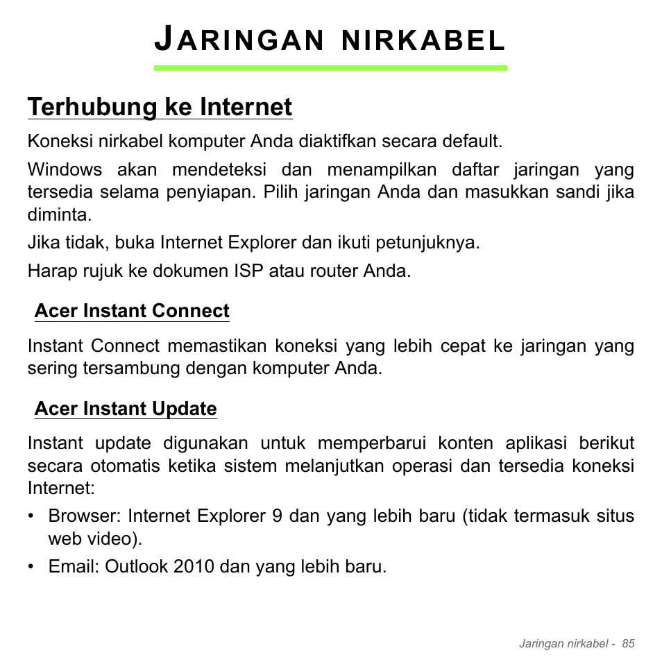 Jaringan nirkabel, Terhubung ke internet, Acer instant connect | Acer instant update, Aringan, Nirkabel | Acer Aspire V5-571PG User Manual | Page 3455 / 3604