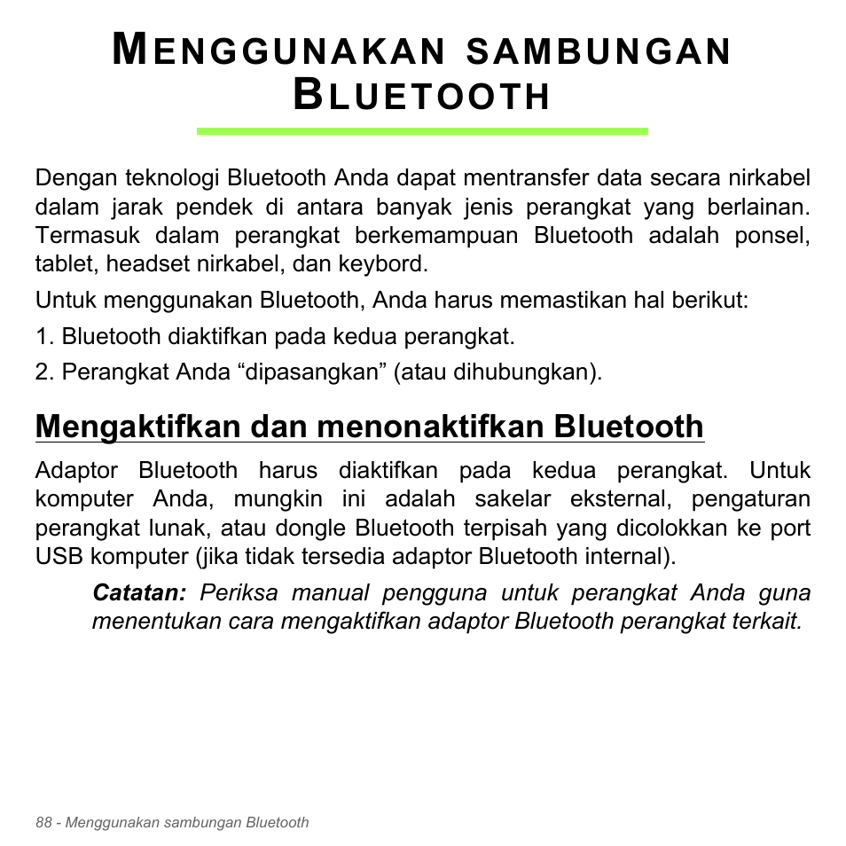 Menggunakan sambungan bluetooth, Mengaktifkan dan menonaktifkan bluetooth, Menggunakan sambungan | Bluetooth | Acer Aspire V5-571PG User Manual | Page 3458 / 3604