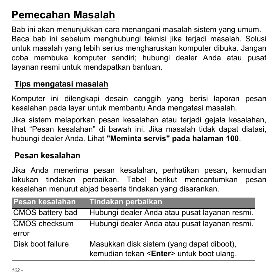 Pemecahan masalah, Tips mengatasi masalah, Pesan kesalahan | Acer Aspire V5-571PG User Manual | Page 3472 / 3604