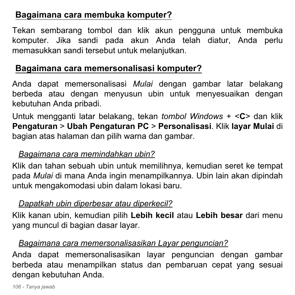 Bagaimana cara membuka komputer, Bagaimana cara memersonalisasi komputer, Bagaimana cara memersonalisasi | Komputer | Acer Aspire V5-571PG User Manual | Page 3476 / 3604