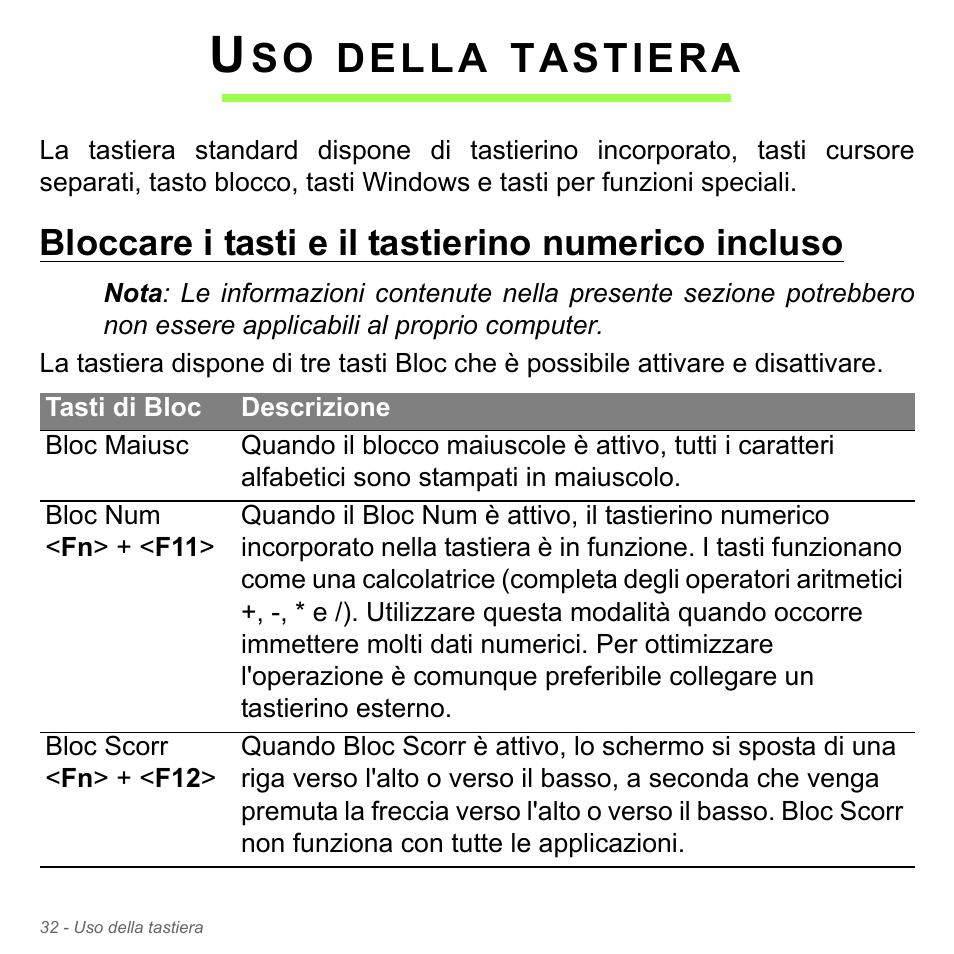 Uso della tastiera, Bloccare i tasti e il tastierino numerico incluso, Della | Tastiera | Acer Aspire V5-571PG User Manual | Page 402 / 3604