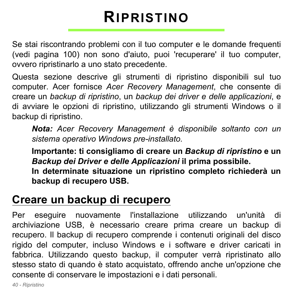 Ripristino, Creare un backup di recupero, Ipristino | Acer Aspire V5-571PG User Manual | Page 410 / 3604