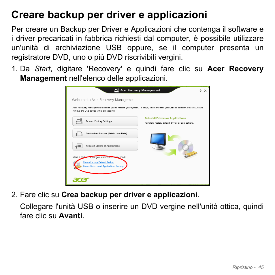Creare backup per driver e applicazioni | Acer Aspire V5-571PG User Manual | Page 415 / 3604