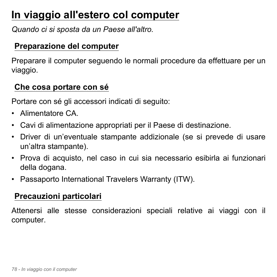 In viaggio all'estero col computer, Preparazione del computer, Che cosa portare con sé | Precauzioni particolari | Acer Aspire V5-571PG User Manual | Page 448 / 3604