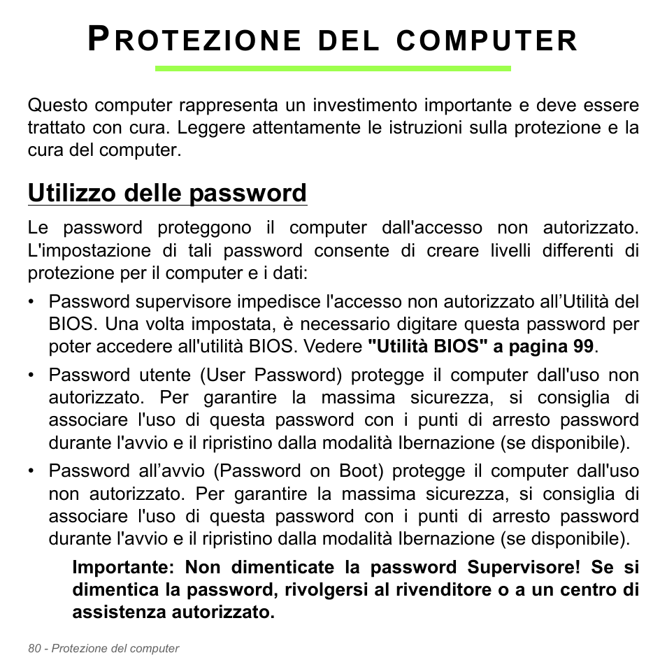 Protezione del computer, Utilizzo delle password, Rotezione | Computer | Acer Aspire V5-571PG User Manual | Page 450 / 3604