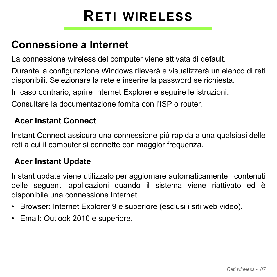 Reti wireless, Connessione a internet, Acer instant connect | Acer instant update, Acer instant connect acer instant update, Wireless | Acer Aspire V5-571PG User Manual | Page 457 / 3604