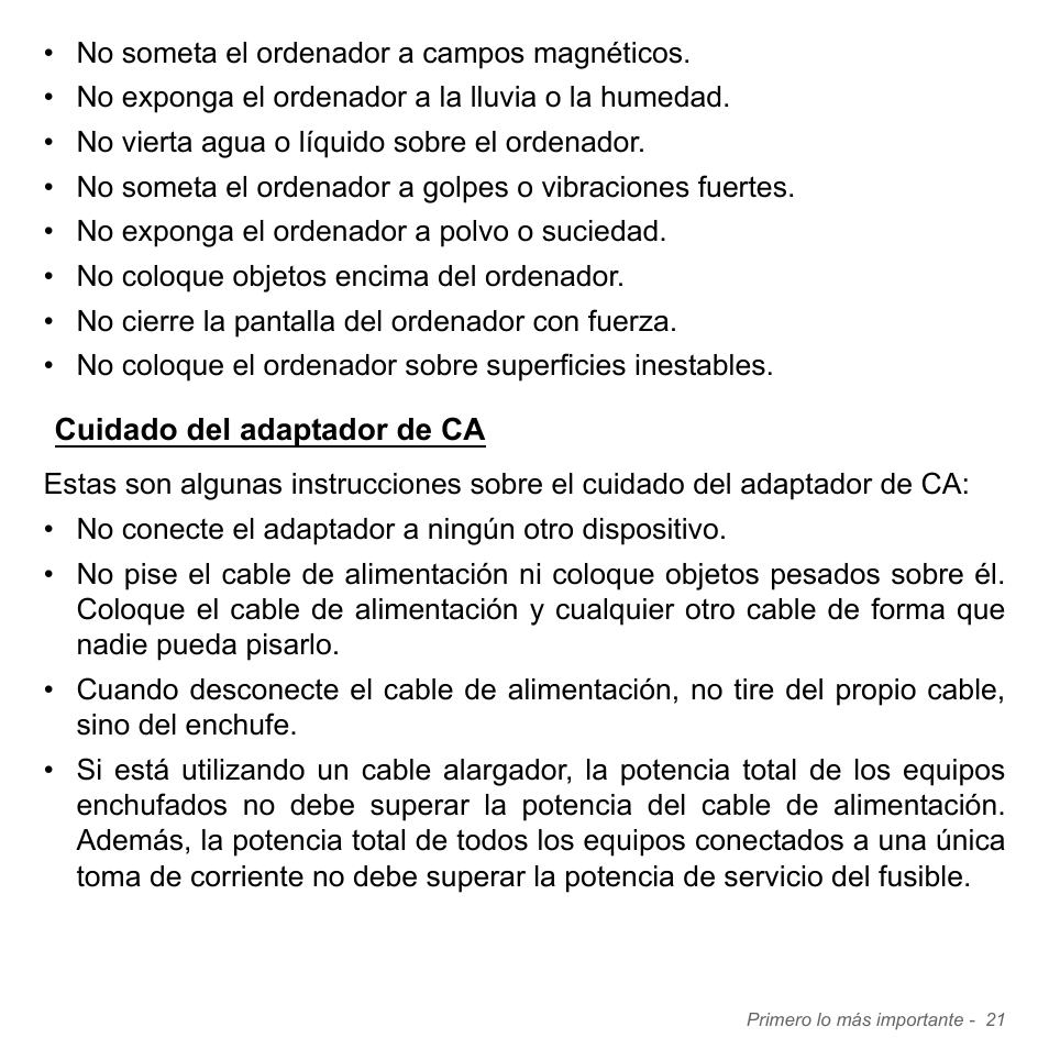 Cuidado del adaptador de ca | Acer Aspire V5-571PG User Manual | Page 513 / 3604