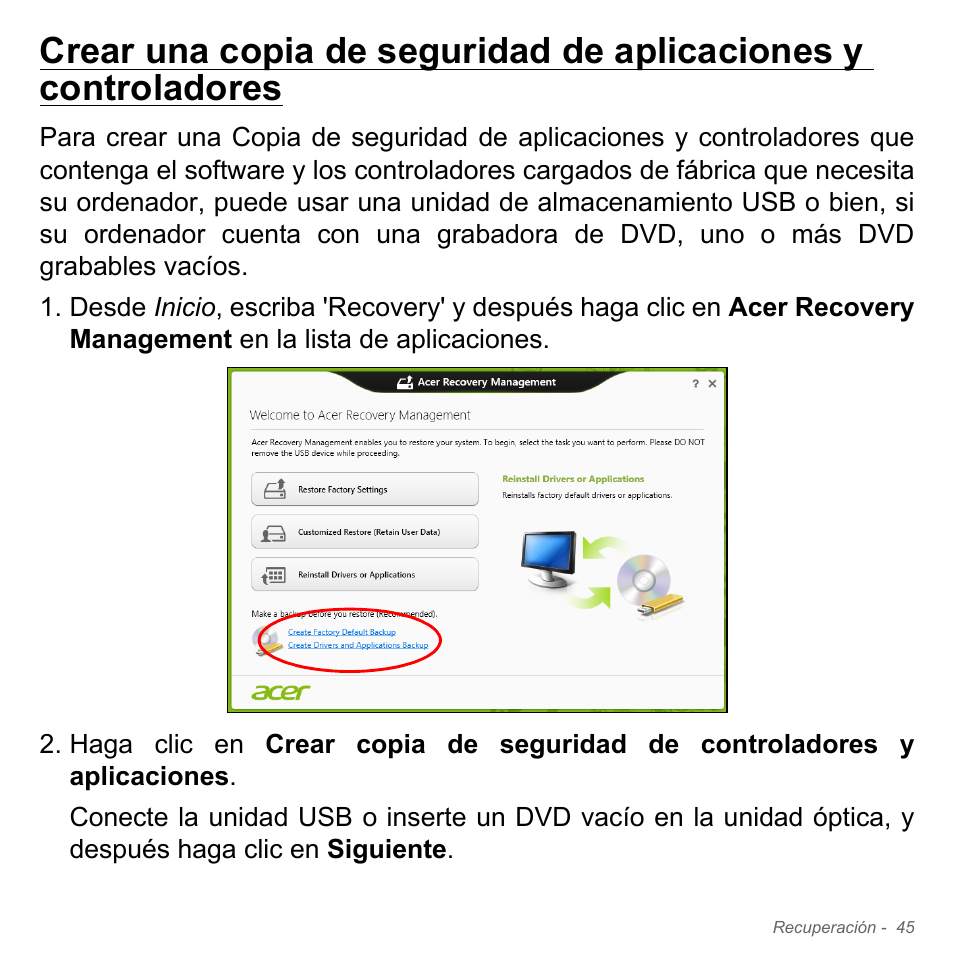 Crear una copia de seguridad de, Aplicaciones y controladores | Acer Aspire V5-571PG User Manual | Page 537 / 3604