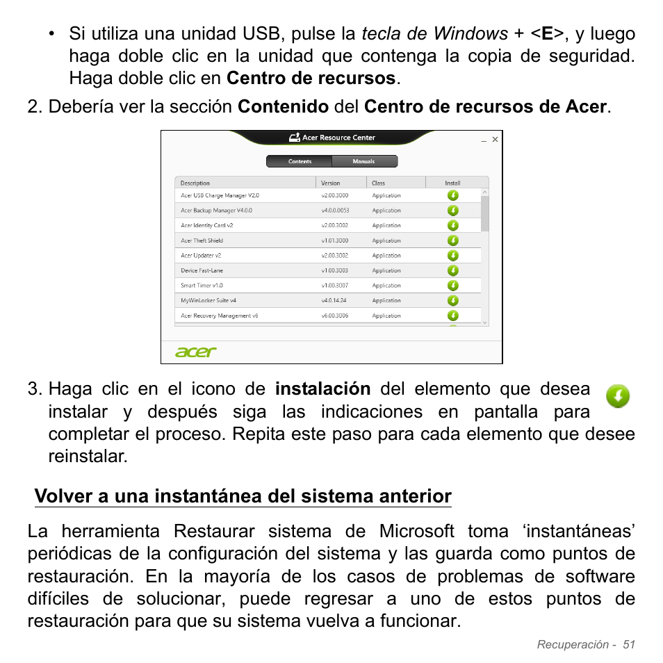 Volver a una instantánea del sistema anterior, Volver a una instantánea del sistema, Anterior | Acer Aspire V5-571PG User Manual | Page 543 / 3604