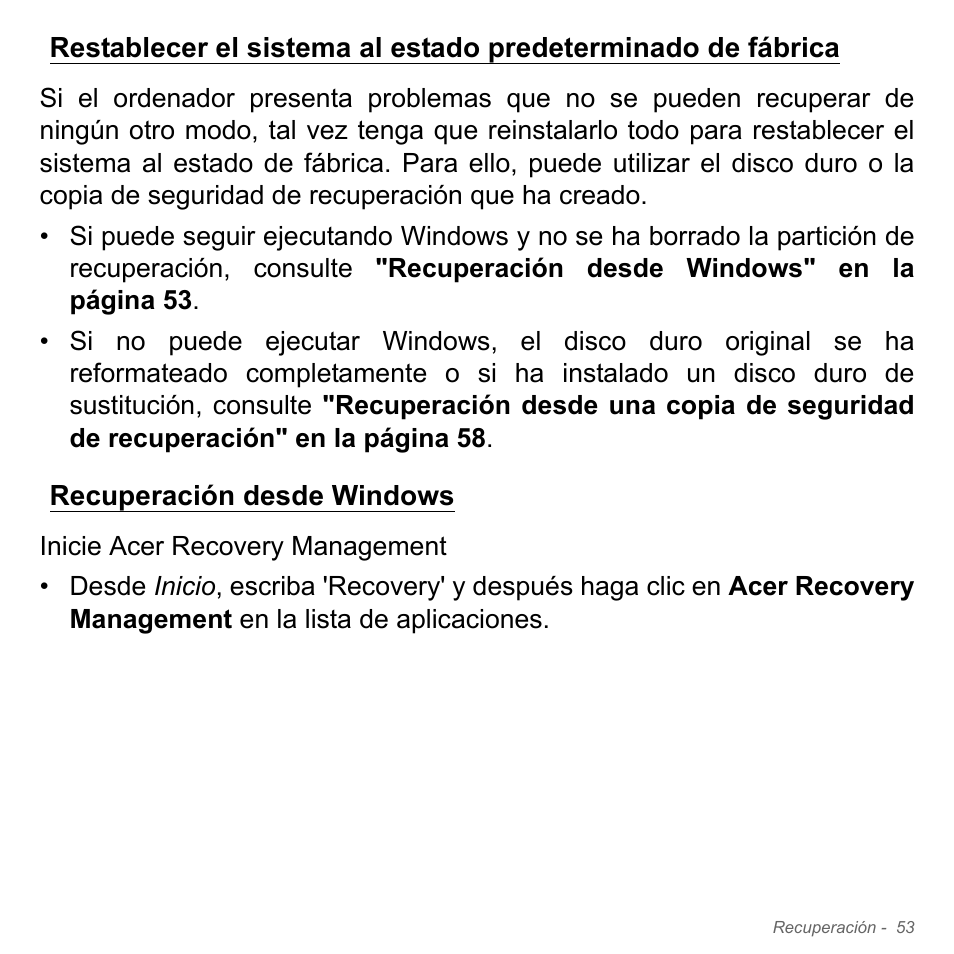 Recuperación desde windows, Restablecer el sistema al estado, Predeterminado de fábrica | Acer Aspire V5-571PG User Manual | Page 545 / 3604