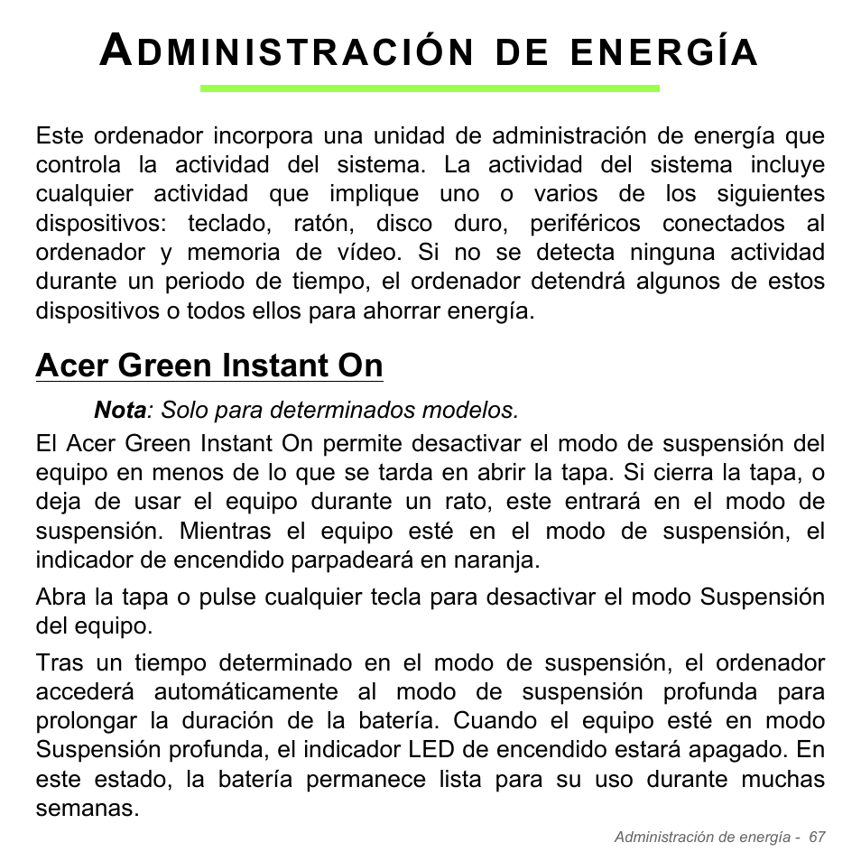 Administración de energía, Acer green instant on, Dministración | Energía | Acer Aspire V5-571PG User Manual | Page 559 / 3604