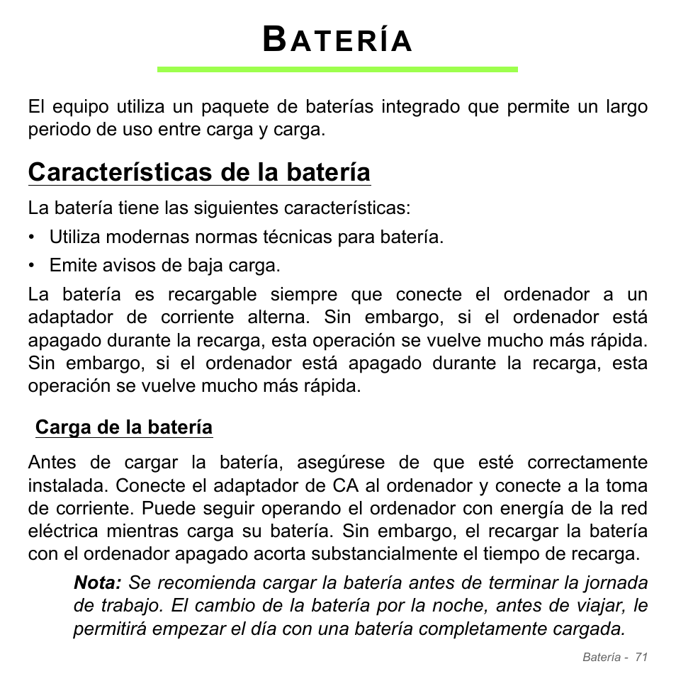 Batería, Características de la batería, Carga de la batería | Atería | Acer Aspire V5-571PG User Manual | Page 563 / 3604