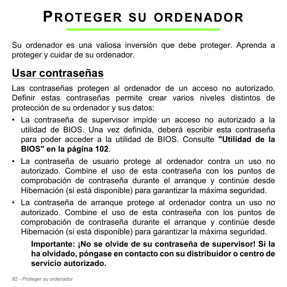 Proteger su ordenador, Usar contraseñas, Roteger | Ordenador | Acer Aspire V5-571PG User Manual | Page 574 / 3604