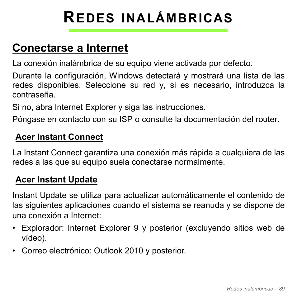 Redes inalámbricas, Conectarse a internet, Acer instant connect | Acer instant update, Edes, Inalámbricas | Acer Aspire V5-571PG User Manual | Page 581 / 3604