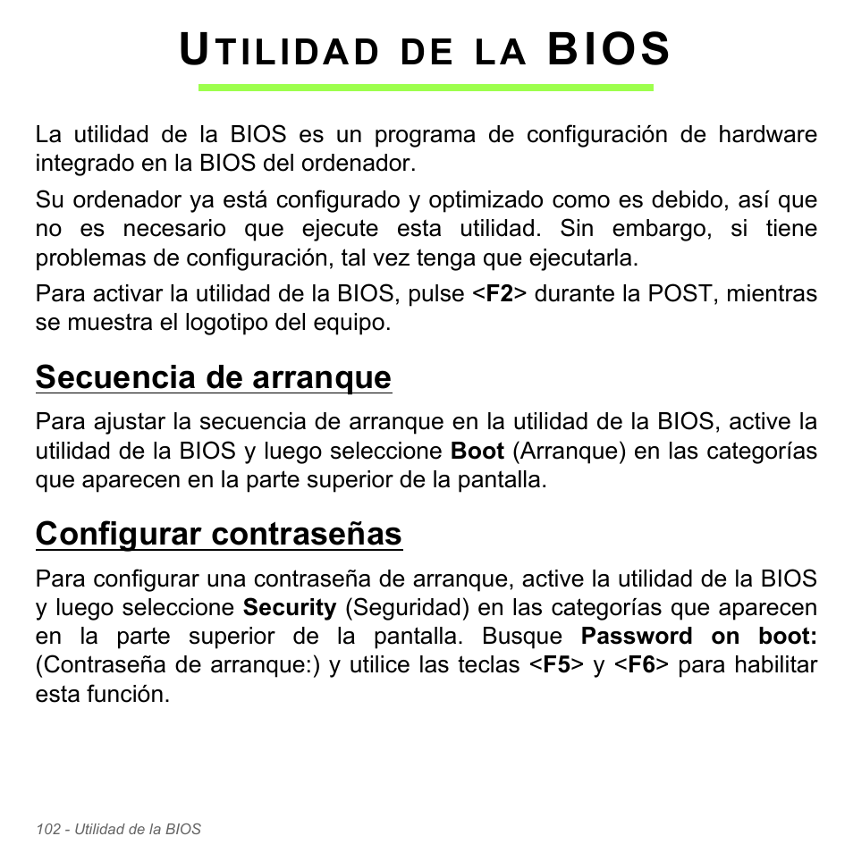 Utilidad de la bios, Secuencia de arranque, Configurar contraseñas | Bios | Acer Aspire V5-571PG User Manual | Page 594 / 3604