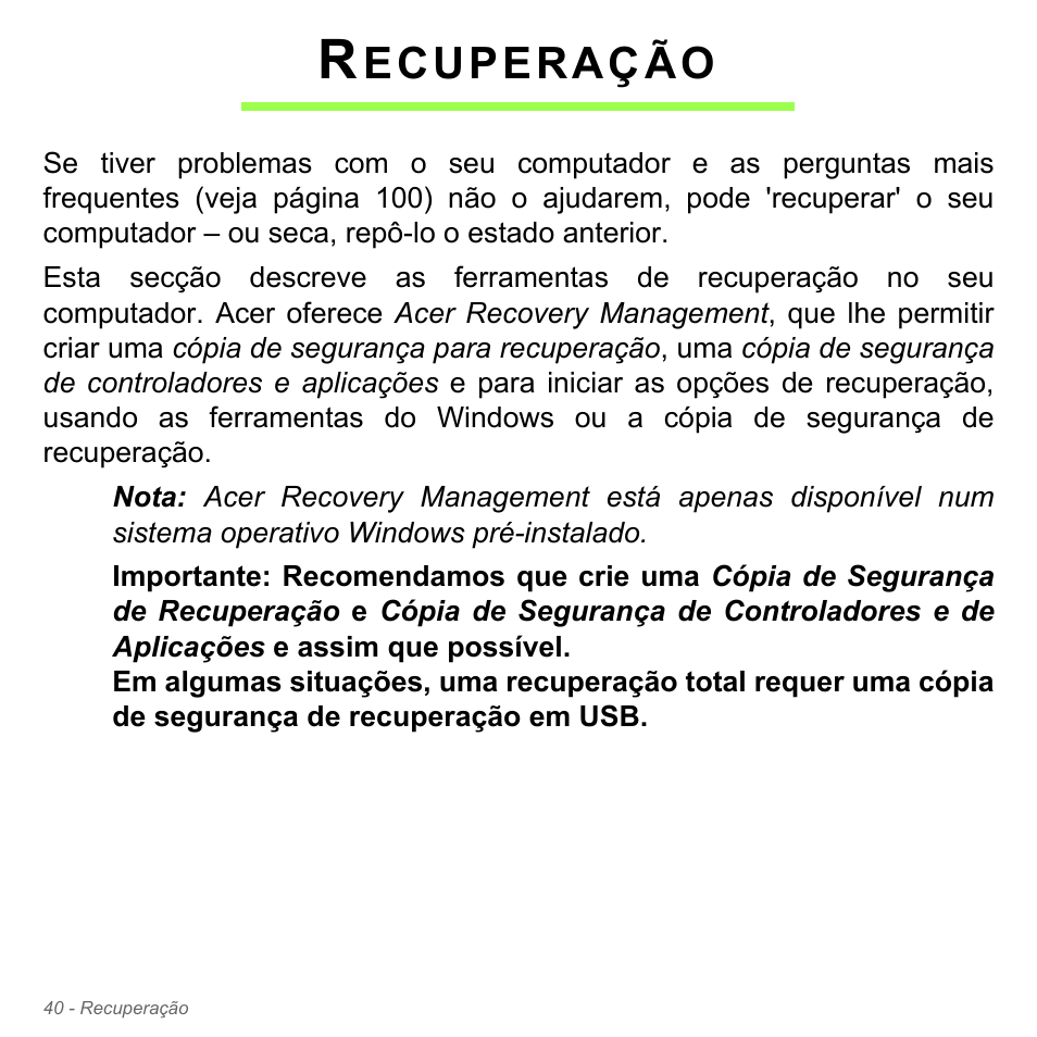 Recuperação, Ecuperação | Acer Aspire V5-571PG User Manual | Page 658 / 3604