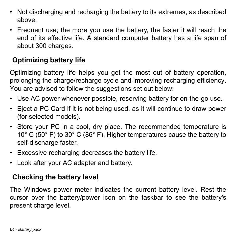 Optimizing battery life, Checking the battery level, Optimizing battery life checking the battery level | Acer Aspire V5-571PG User Manual | Page 66 / 3604