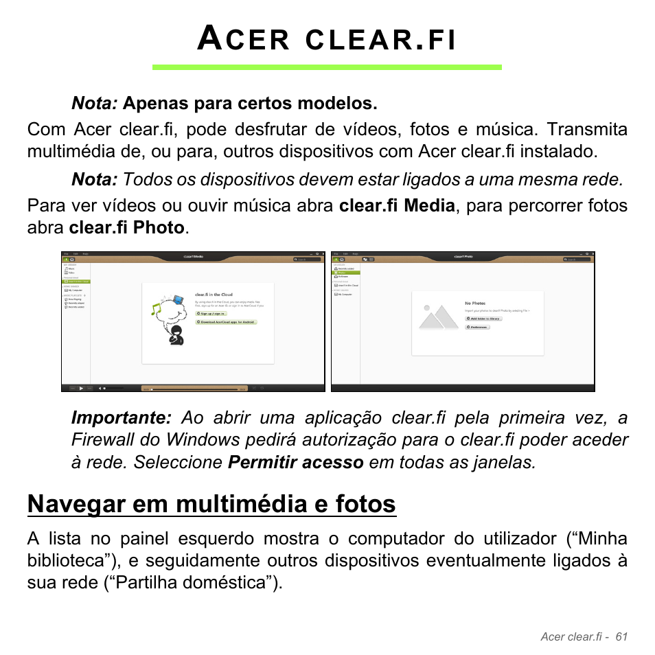 Acer clear.fi, Navegar em multimédia e fotos, Clear | Acer Aspire V5-571PG User Manual | Page 679 / 3604