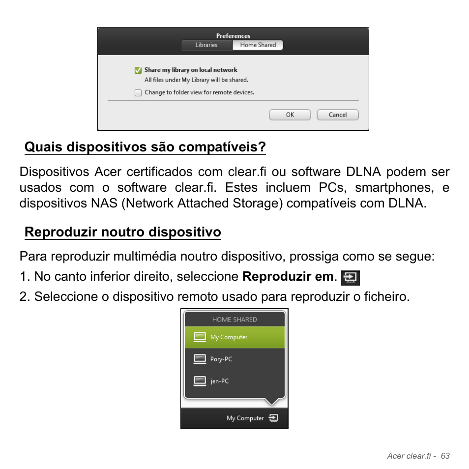 Quais dispositivos são compatíveis, Reproduzir noutro dispositivo | Acer Aspire V5-571PG User Manual | Page 681 / 3604