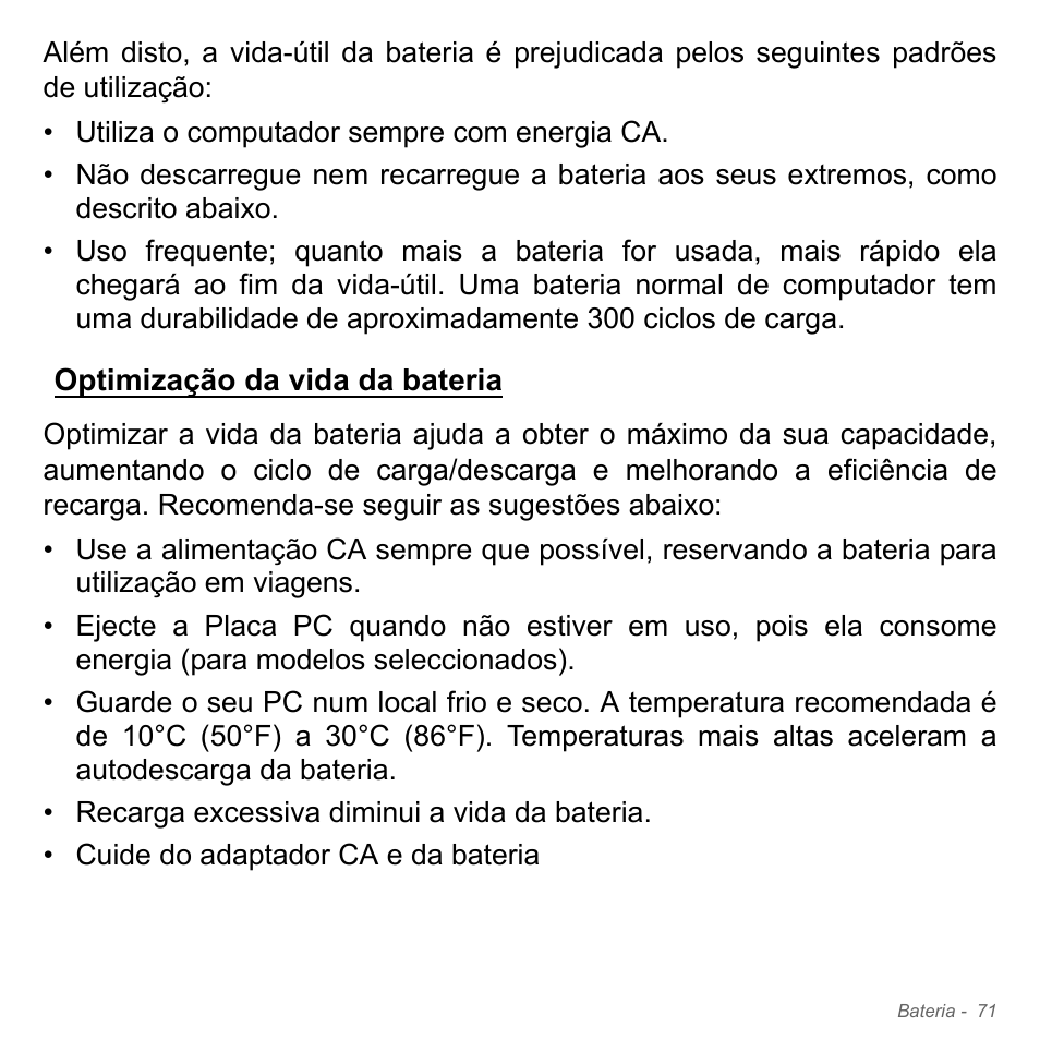 Optimização da vida da bateria | Acer Aspire V5-571PG User Manual | Page 689 / 3604