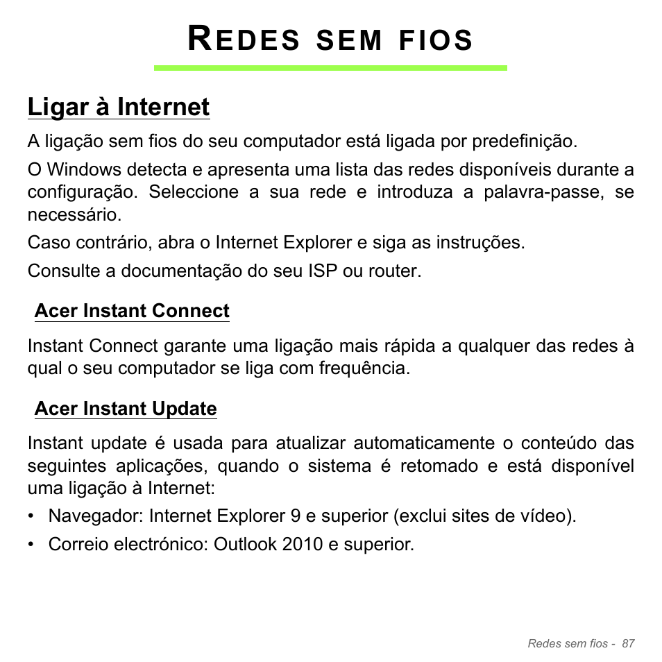 Redes sem fios, Ligar à internet, Acer instant connect | Acer instant update, Acer instant connect acer instant update, Edes, Fios | Acer Aspire V5-571PG User Manual | Page 705 / 3604
