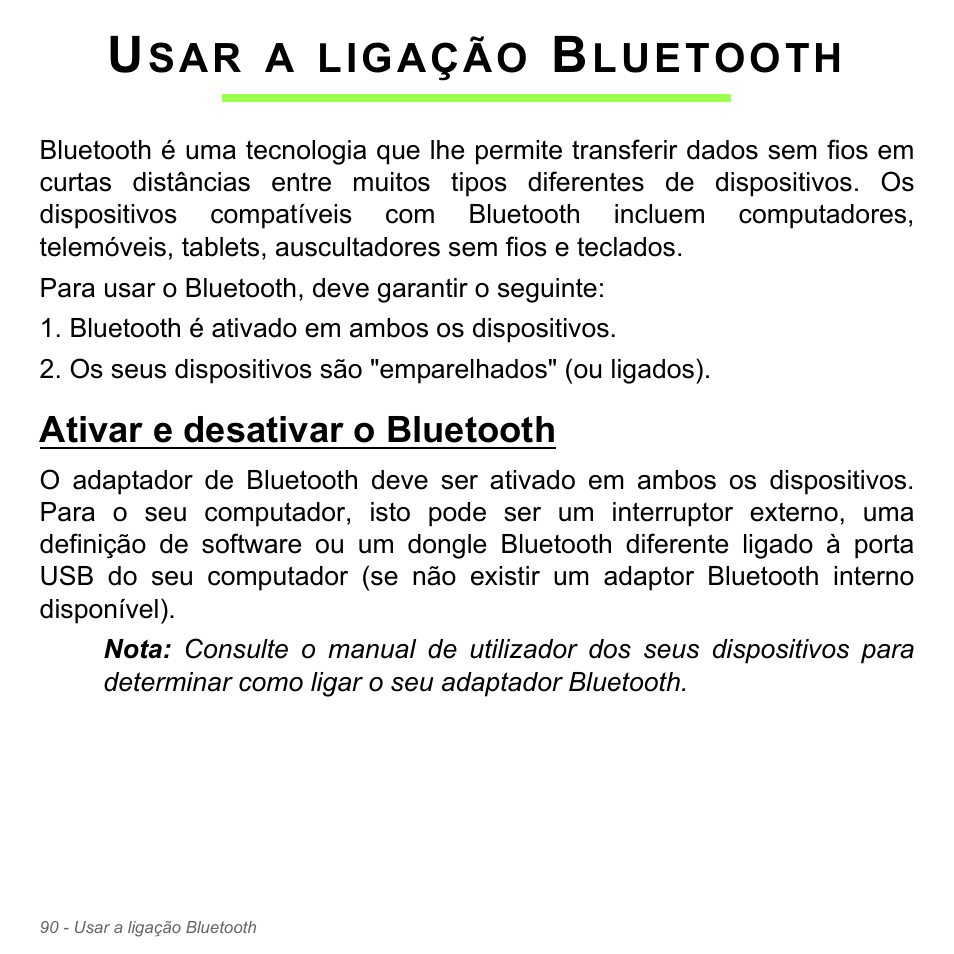 Usar a ligação bluetooth, Ativar e desativar o bluetooth | Acer Aspire V5-571PG User Manual | Page 708 / 3604