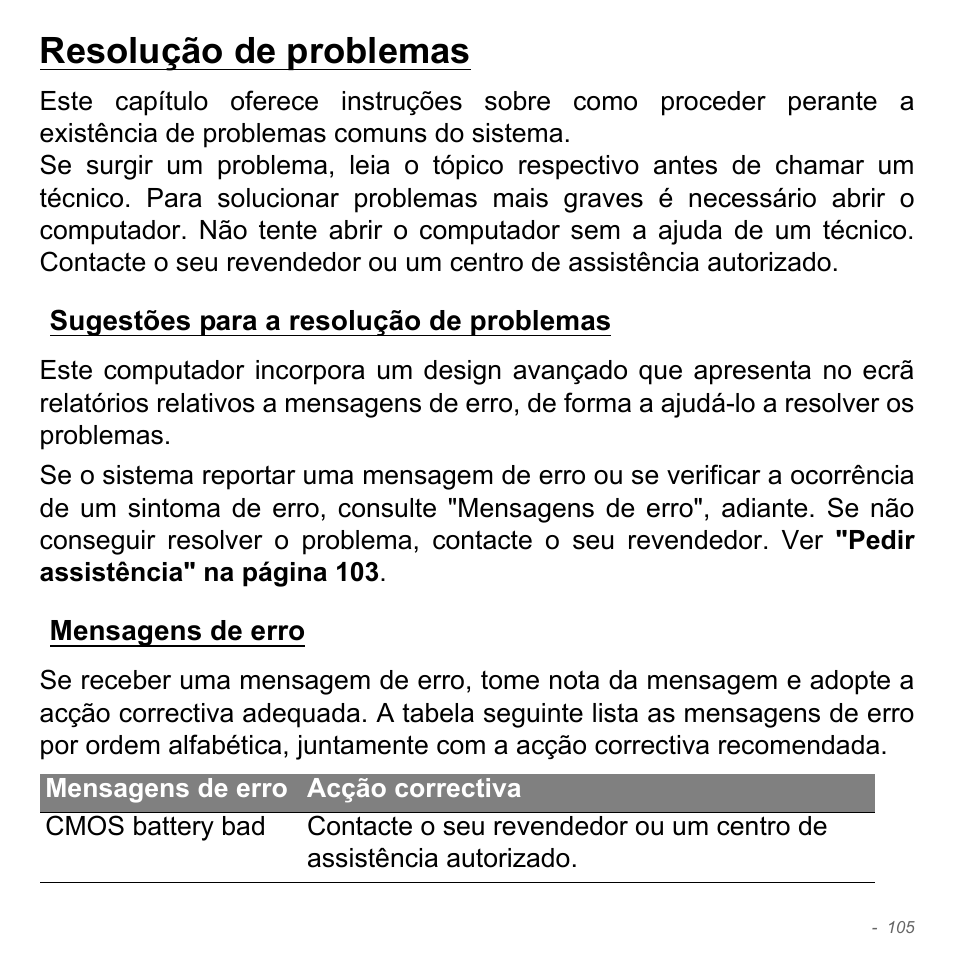 Resolução de problemas, Sugestões para a resolução de problemas, Mensagens de erro | Acer Aspire V5-571PG User Manual | Page 723 / 3604