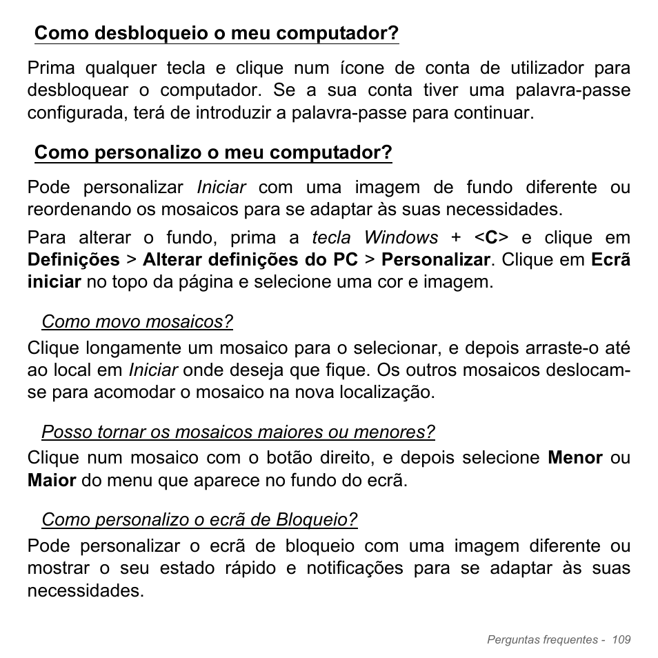 Como desbloqueio o meu computador, Como personalizo o meu computador, Como desbloqueio o meu | Acer Aspire V5-571PG User Manual | Page 727 / 3604