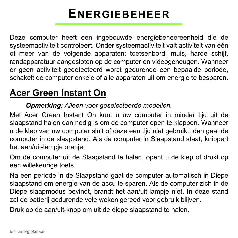 Energiebeheer, Acer green instant on, Nergiebeheer | Acer Aspire V5-571PG User Manual | Page 808 / 3604