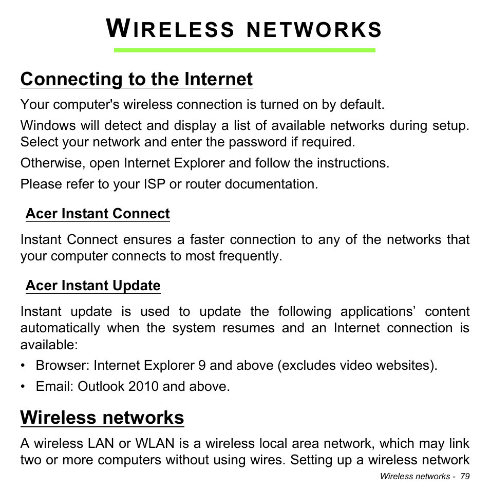 Wireless networks, Connecting to the internet, Acer instant connect | Acer instant update, Acer instant connect acer instant update, Ireless, Networks | Acer Aspire V5-571PG User Manual | Page 81 / 3604