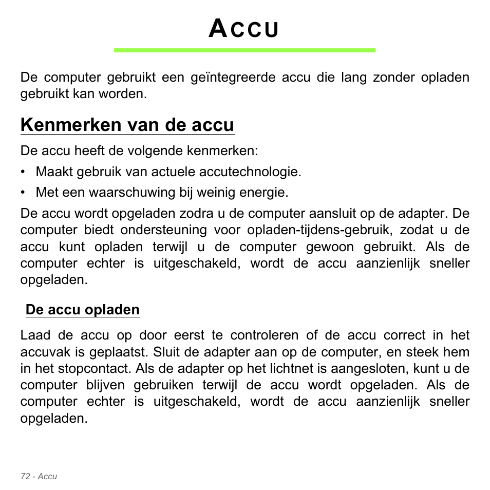 Accu, Kenmerken van de accu, De accu opladen | Acer Aspire V5-571PG User Manual | Page 812 / 3604
